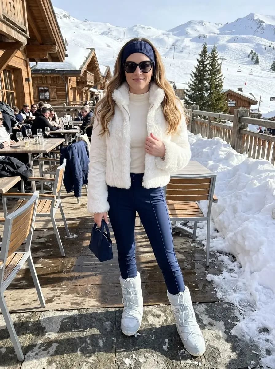 Fluffy cream faux-fur jacket with ivory turtleneck sweater, navy trousers, and navy headband