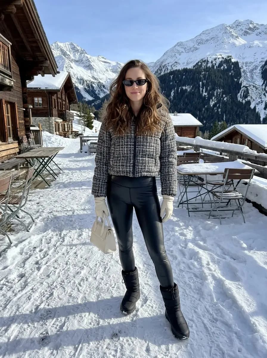 Cropped black-and-white tweed jacket with sleek faux leather leggings, snow boots, and cream bag