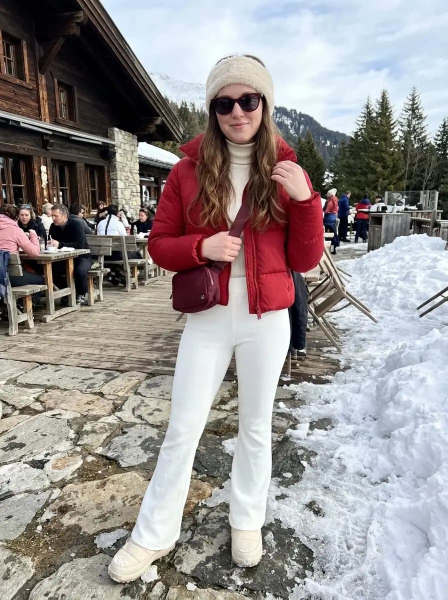 Bright cherry red cropped puffer jacket with cream ribbed turtleneck, white flared pants, and headband