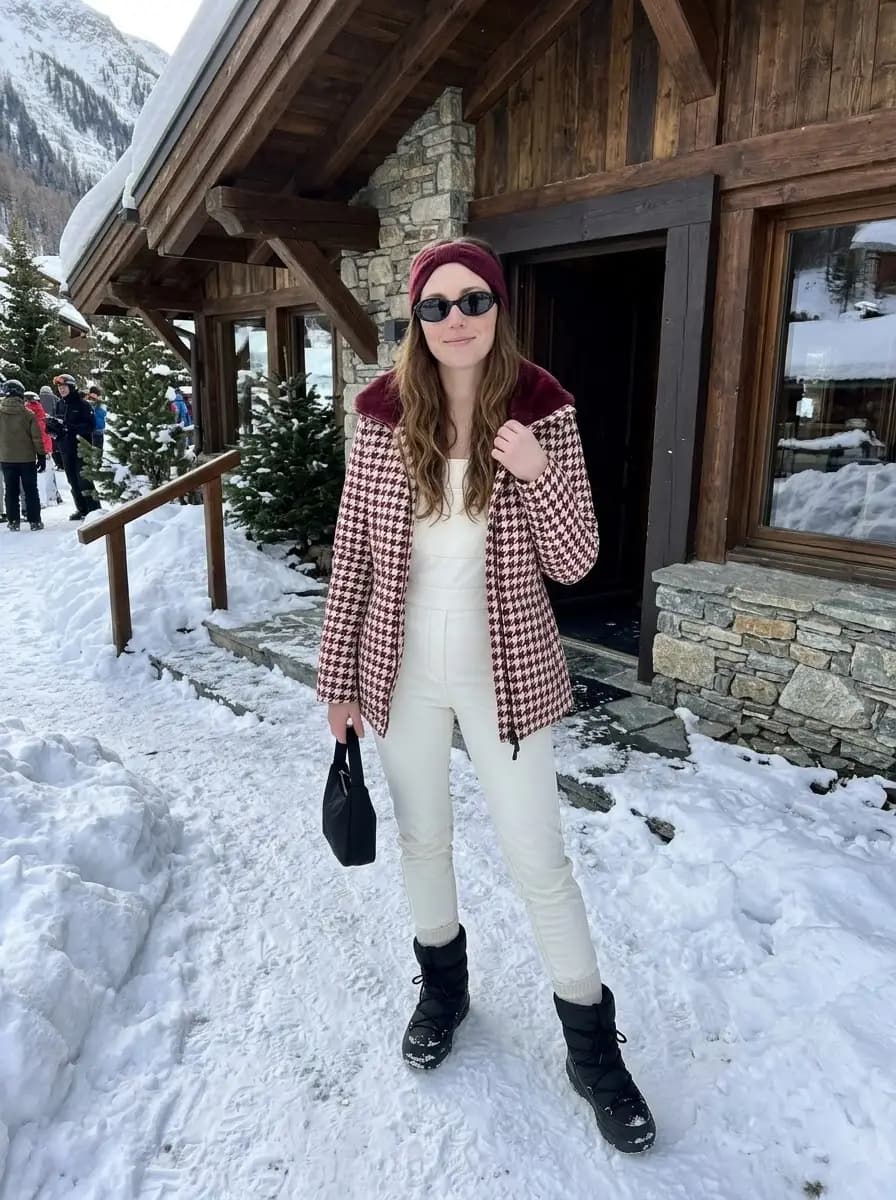 Burgundy houndstooth jacket with plush collar over cream jumpsuit and black snow boots
