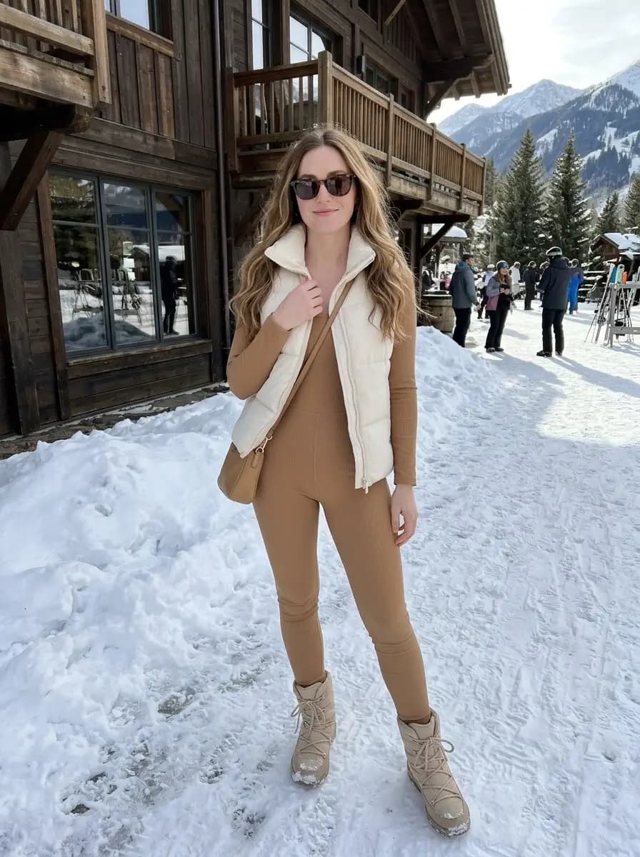 Cropped cream puffer vest over fitted tan ribbed jumpsuit with beige lace-up snow boots
