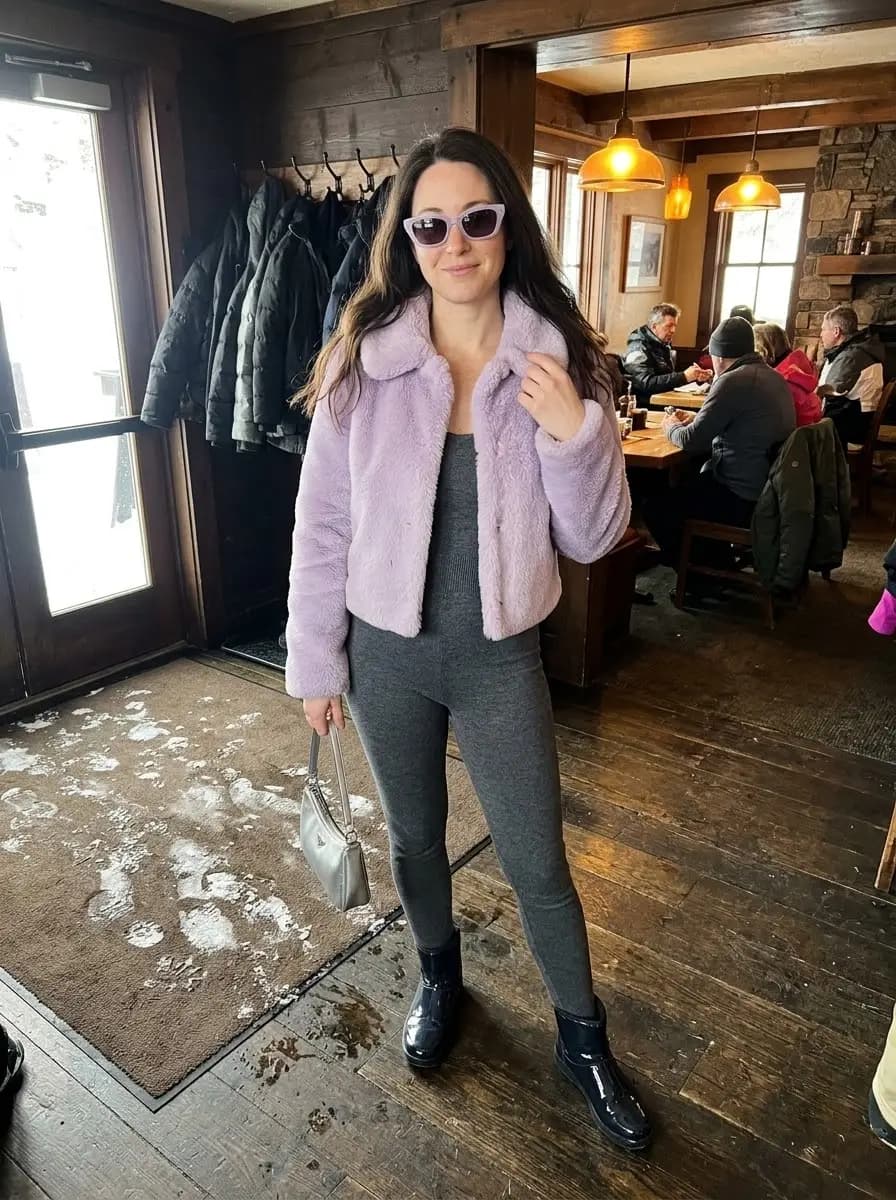 Cropped lavender faux-fur jacket with charcoal grey ribbed jumpsuit and black ankle boots