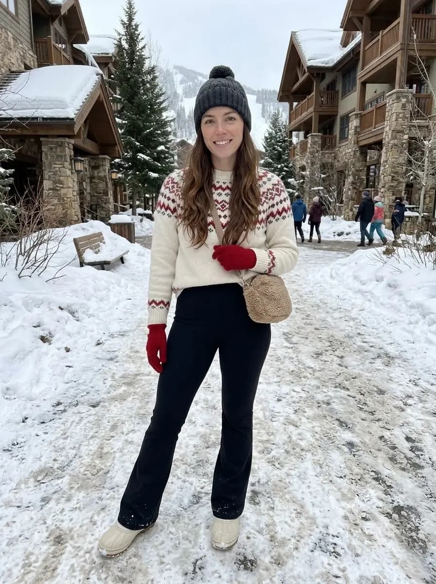 Cream Fair Isle patterned knit sweater with black flared ski pants, beanie, and snow boots