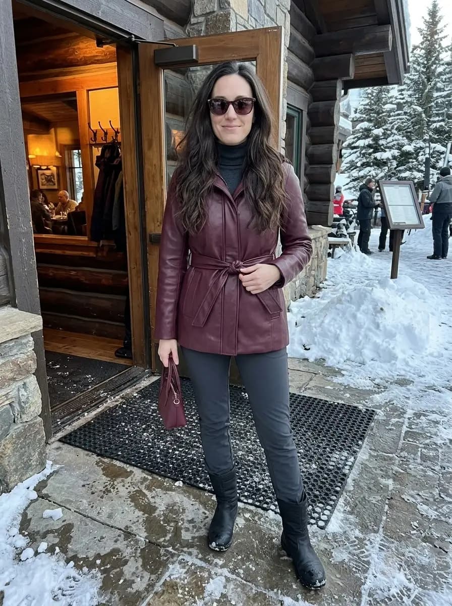 Rich burgundy belted leather jacket with grey turtleneck, grey trousers, and knee-high boots