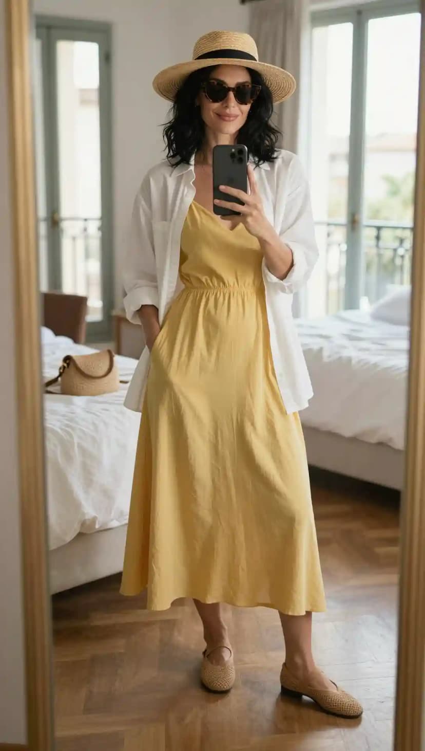 Yellow Linen Sundress + White Cotton Oversized Shirt