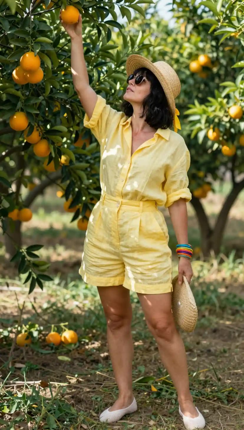 Yellow Linen Button-Up Shirt + Yellow Linen High-Waisted Shorts