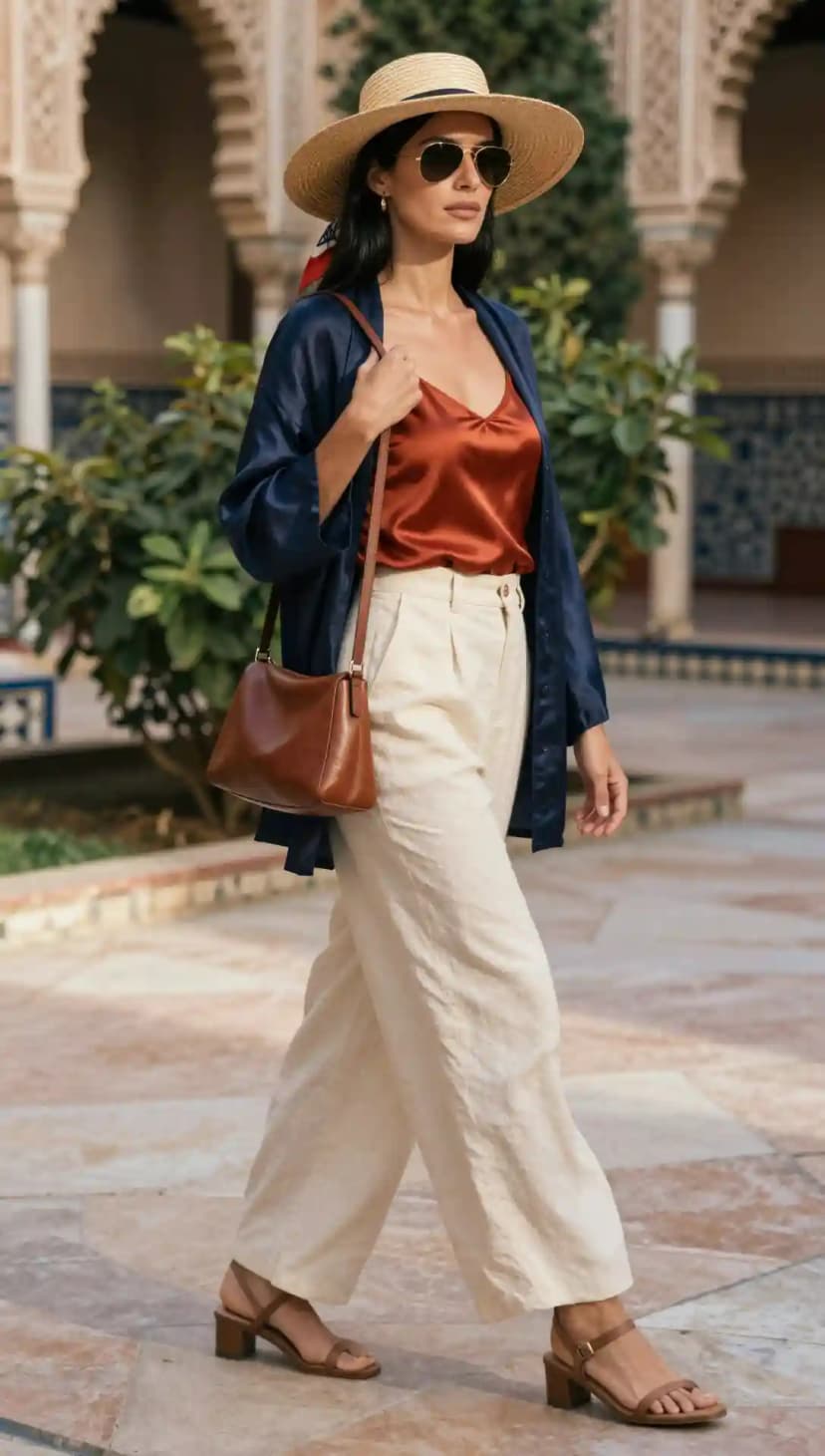 Rust Satin Camisole + Navy Silk Kimono Jacket + Cream Linen Trousers