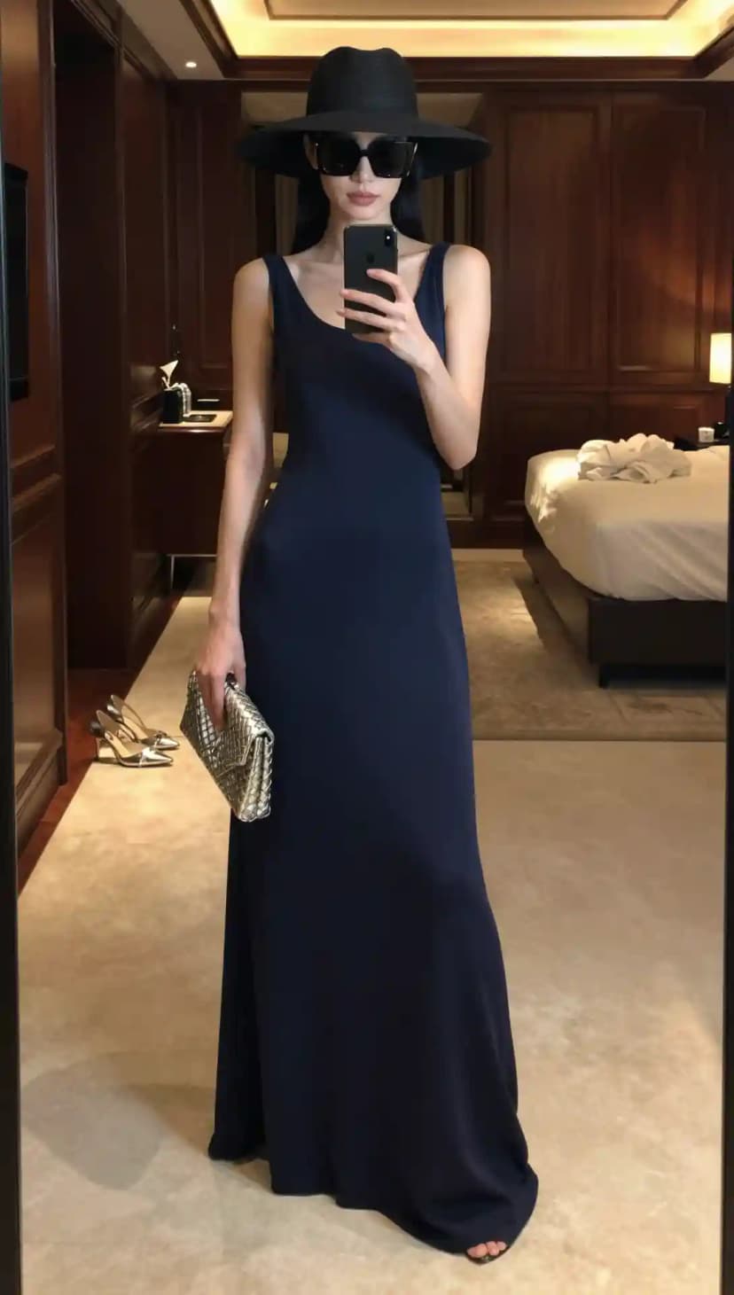 Navy Jersey Maxi Dress + Black Straw Wide-Brim Hat + Black Sunglasses