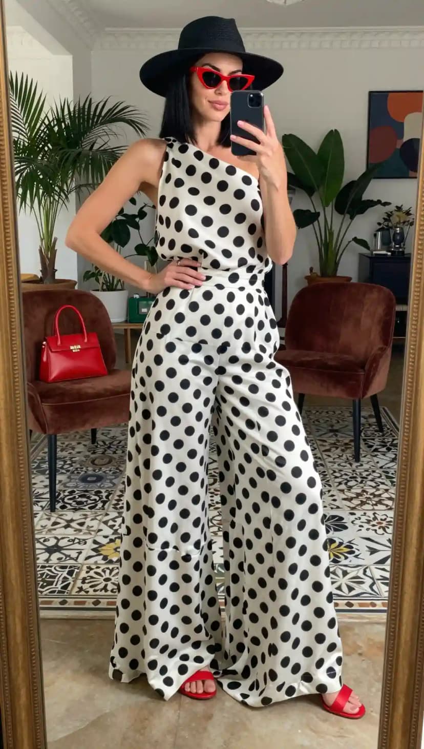 White Polka Dot Silk Top + White Polka Dot Silk Wide-Leg Pants