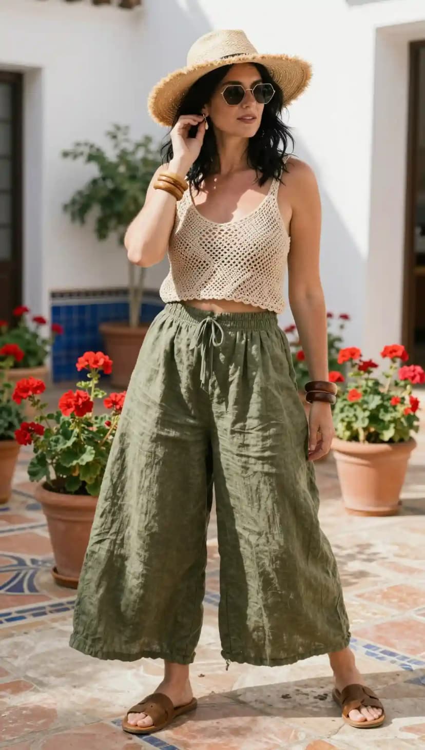 Beige Crochet Knit Top + Olive Linen Wide-Leg Pants + Brown Leather Slides