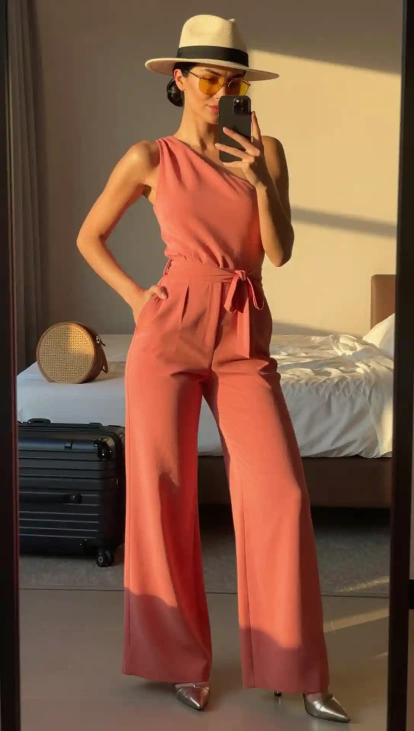 Coral Crepe Asymmetrical Jumpsuit + Straw Fedora Hat + Yellow Sunglasses