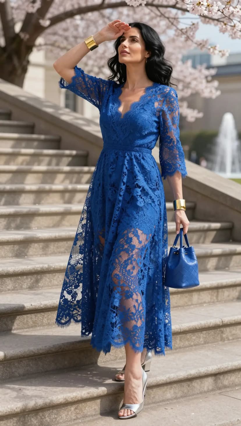 Cobalt Lace Midi Dress + Silver Metallic Heeled Sandals + Royal Blue Quilted Bucket Bag + Gold Cuff Bracelet