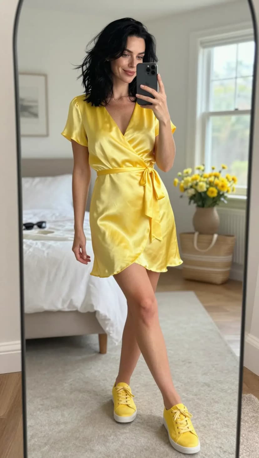Yellow Satin Wrap Dress + Yellow Suede Sneakers