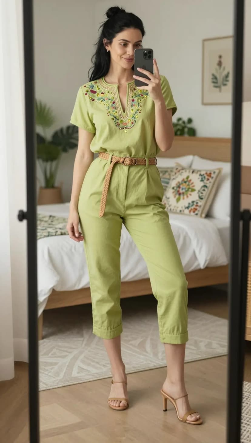 Lime Green Embroidered Cotton Jumpsuit + Tan Braided Belt + Tan Strappy Heels