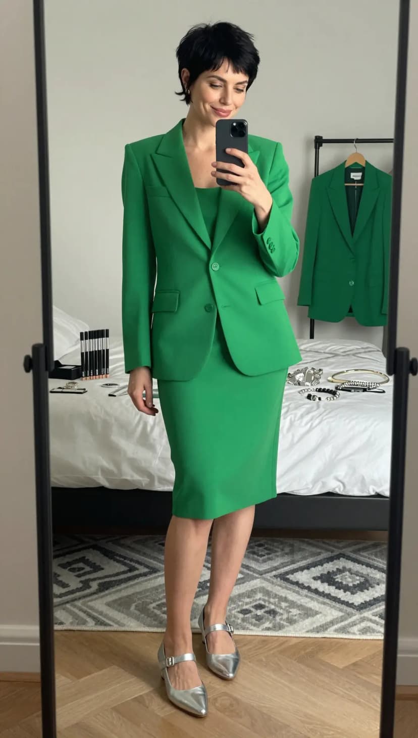 Green Crepe Blazer + Green Crepe Midi Skirt + Green Crepe Square Neck Top + Silver Mary Jane Flats