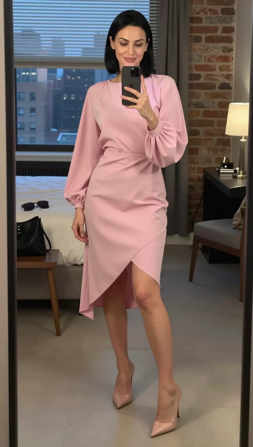Pink Satin Long Sleeve Midi Dress + Nude Patent Leather Pumps