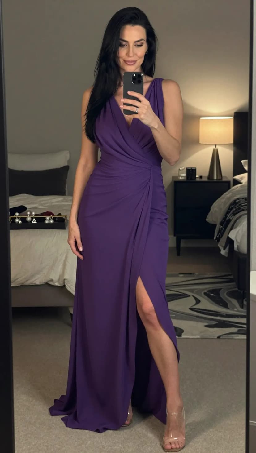 Purple Jersey Gown + Clear Strap Heels