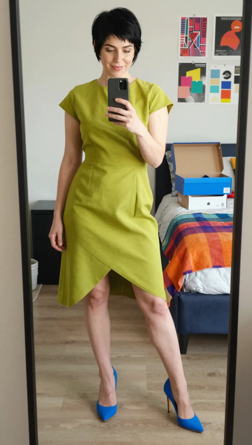 Lime Green Suede Cap Sleeve Midi Dress + Royal Blue Suede Pointed Toe Pumps