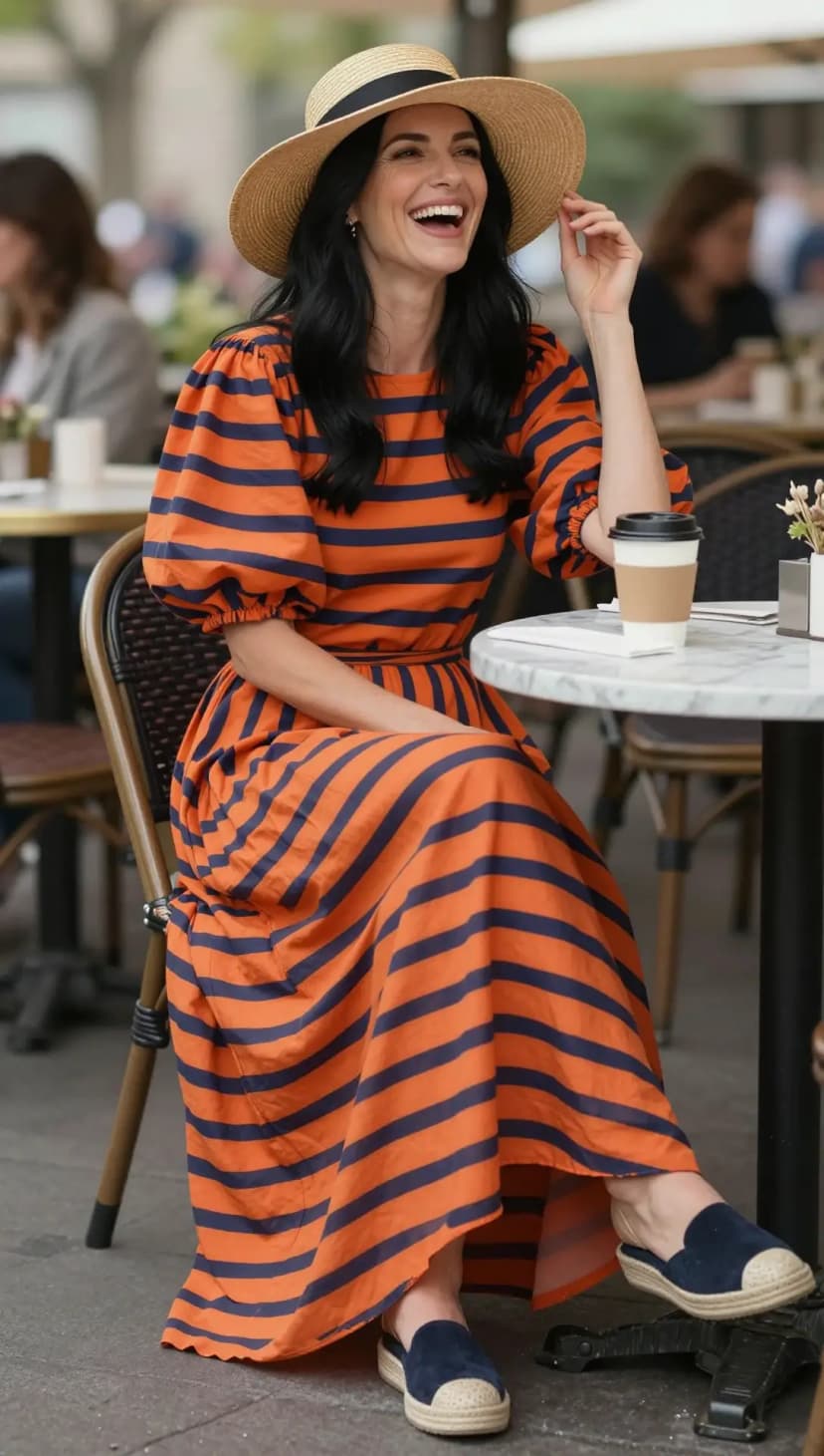 Orange Striped Cotton Maxi Dress + Navy Espadrille Flats + Straw Sun Hat