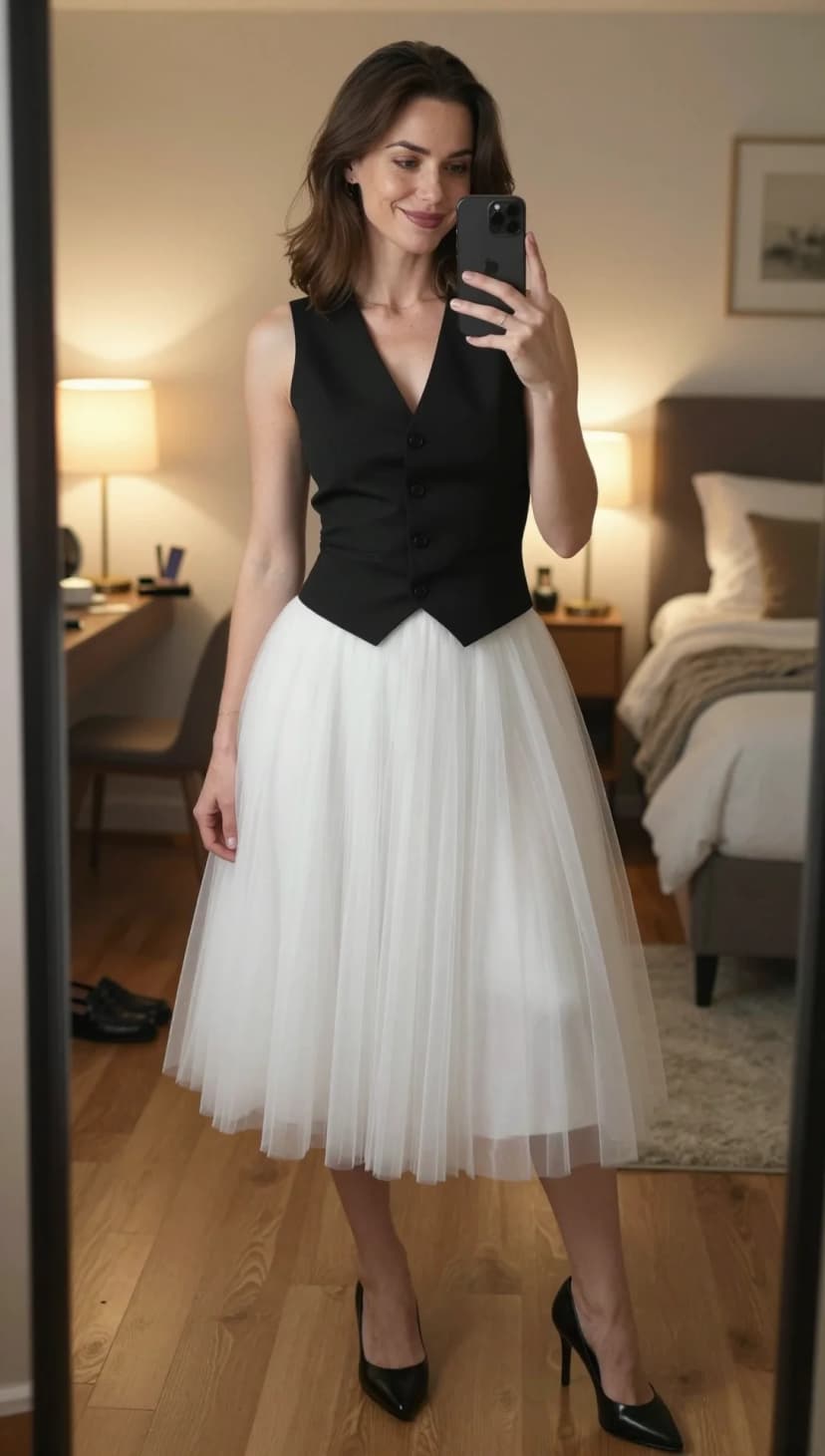 Black Button-Up Vest + White Tulle Midi Skirt + Black Pointed-Toe Heels