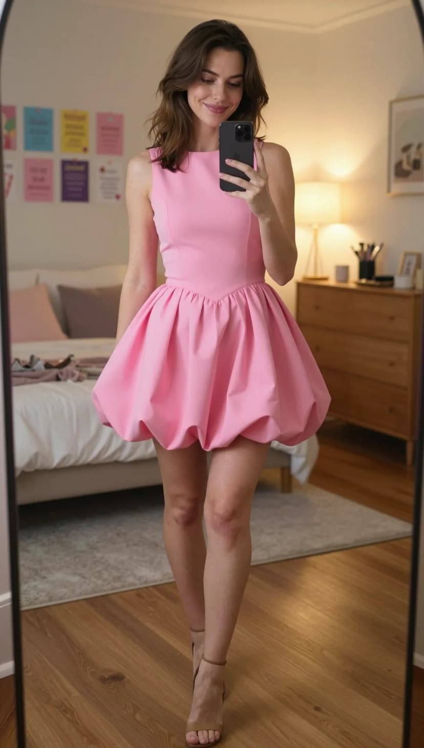 Pink Bubble Hem Mini Dress + Tan Suede Heels