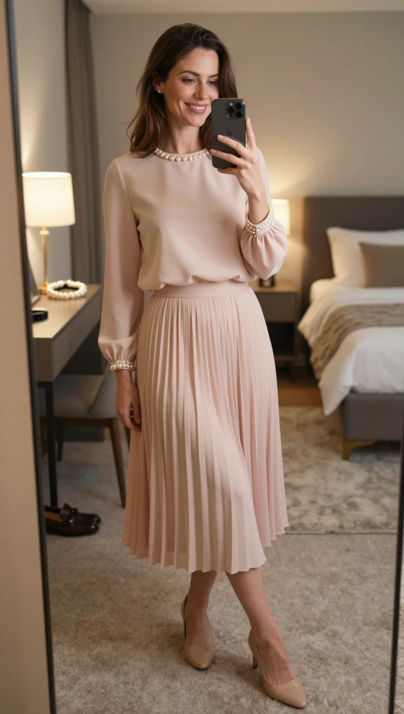 Blush Chiffon Blouse + Matching Pleated Midi Skirt + Nude Heels