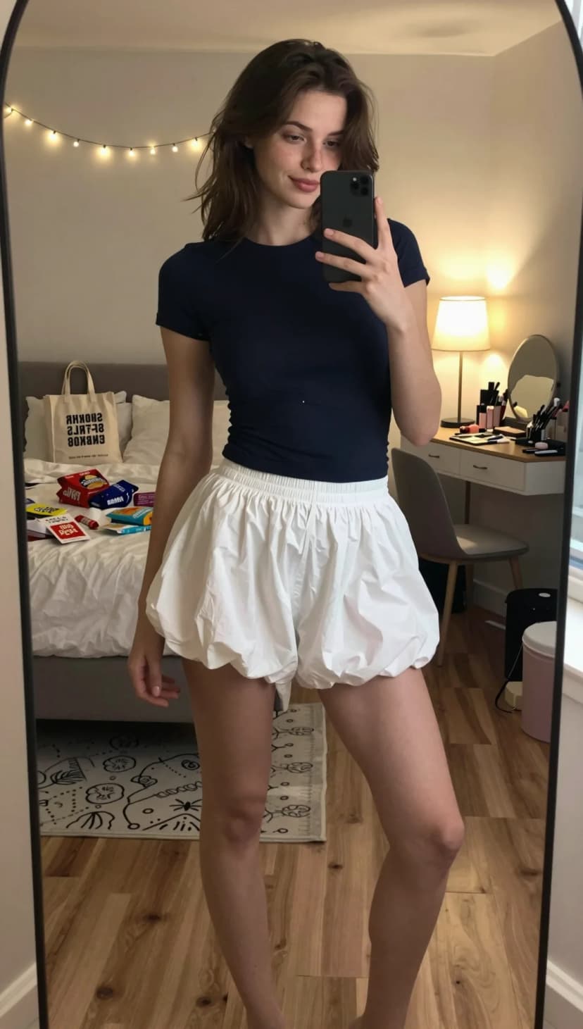 Navy Cotton Tee + White Balloon Shorts