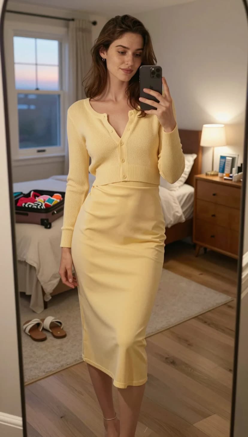Yellow Ribbed Knit Cardigan + Yellow Satin Midi Skirt
