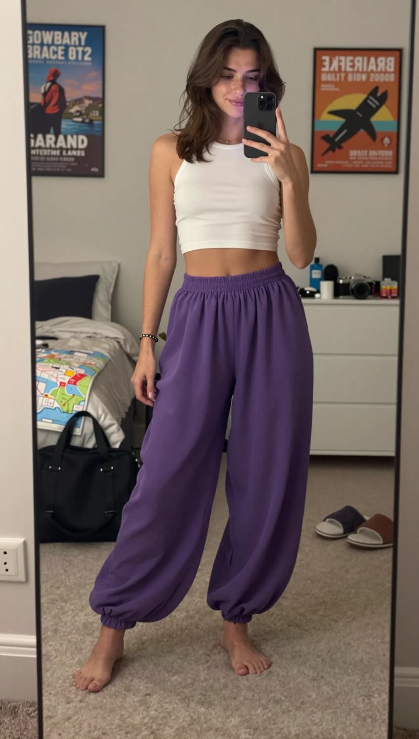White Ribbed Crop Top + Purple Wide-Leg Pants
