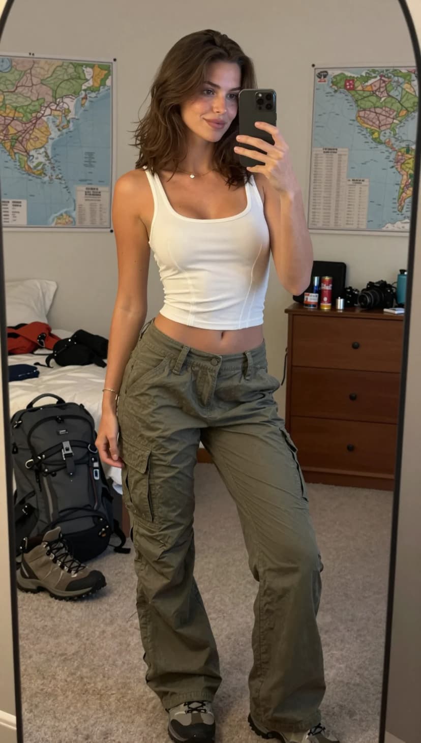 White Ribbed Tank Top + Olive Cargo Pants + Grey Hiking Boots