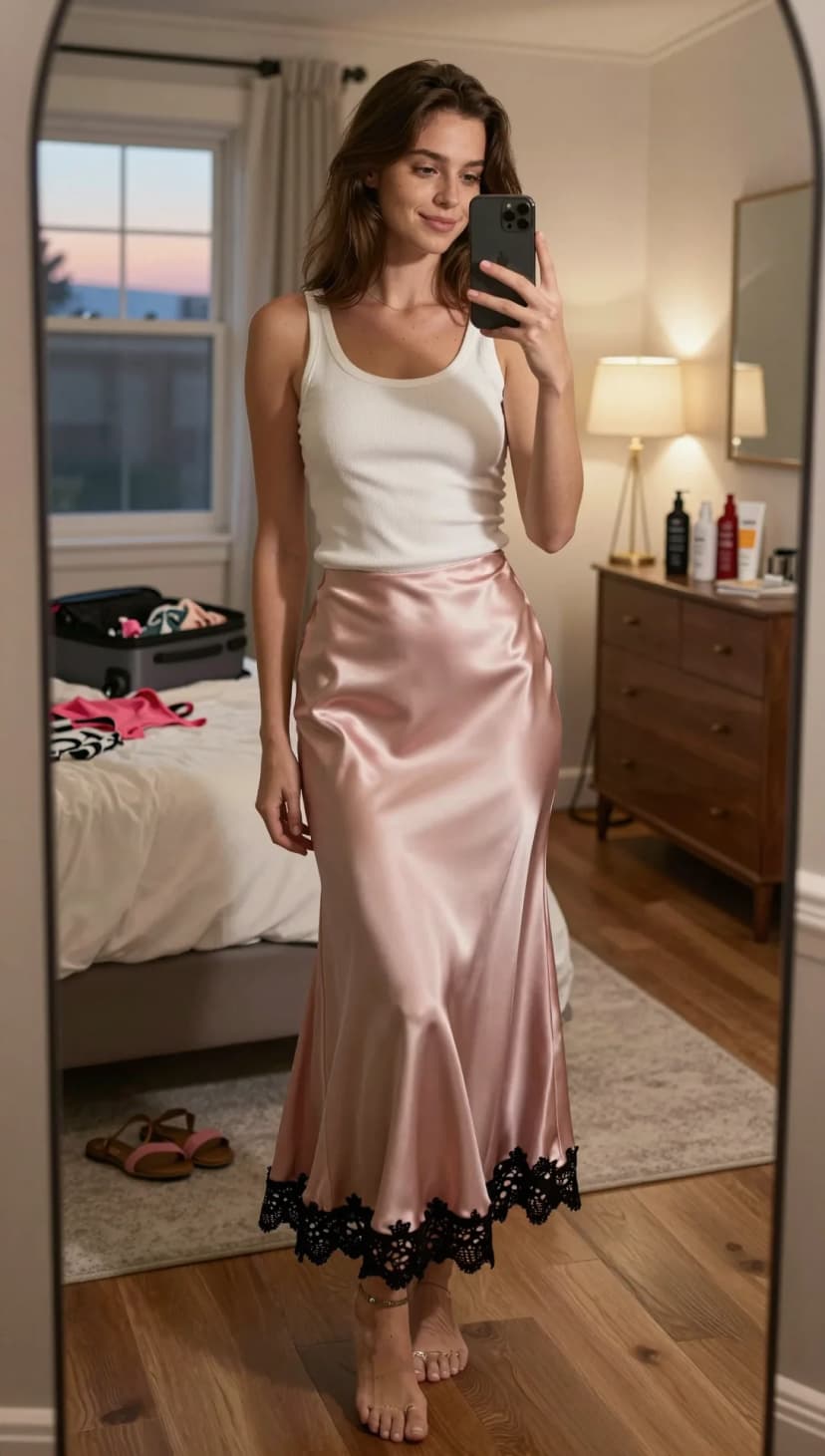 White Ribbed Tank + Pink Satin Lace Trim Maxi Skirt
