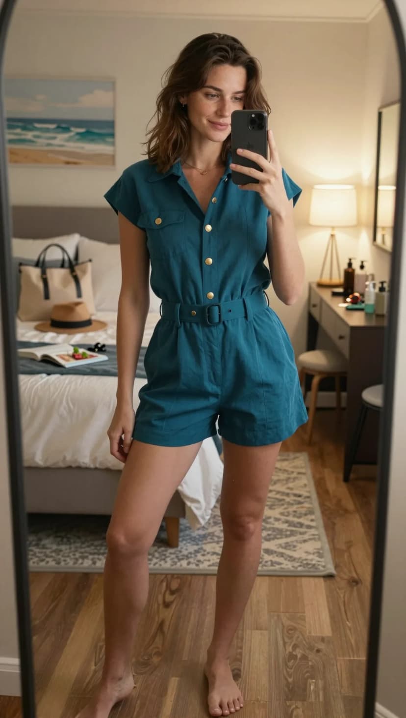 Teal Linen Utility Romper + Tan Straw Hat + Tan Tote Bag
