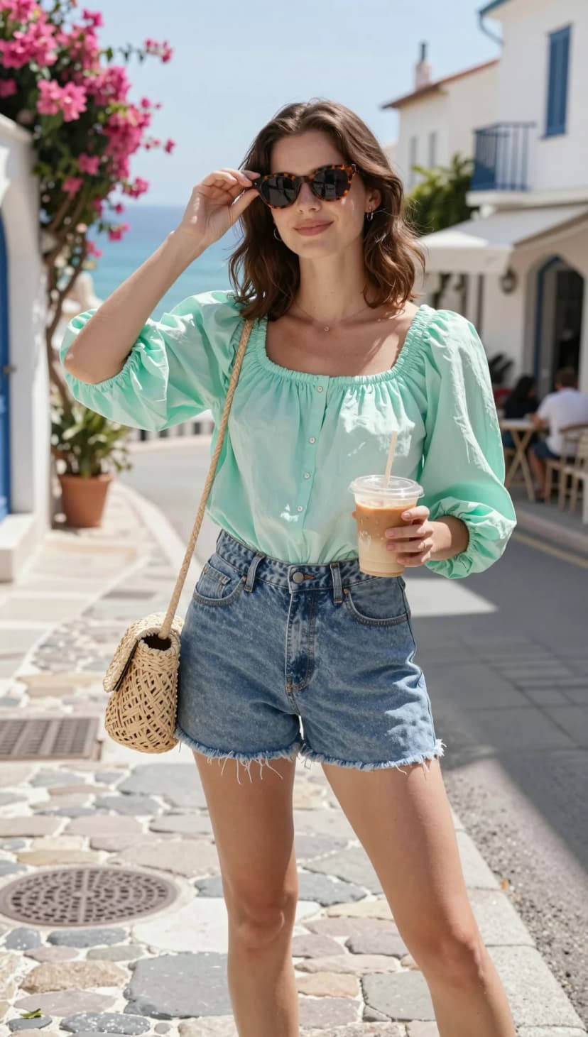 Mint Cotton Poplin Blouse + Light Wash Distressed Denim Shorts + Straw Crossbody Bag