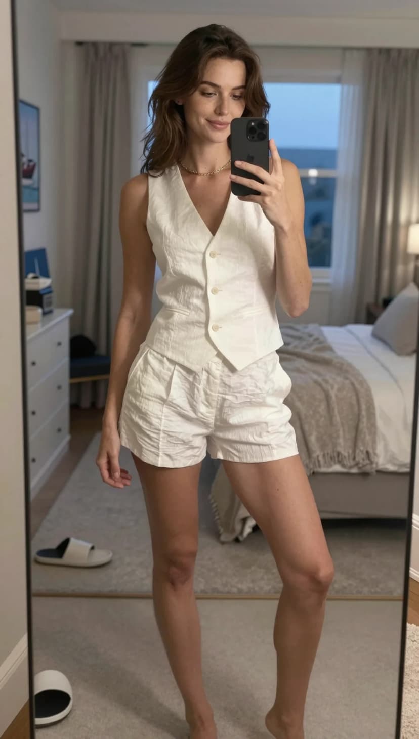 White Linen Vest + White Linen Pleated Shorts