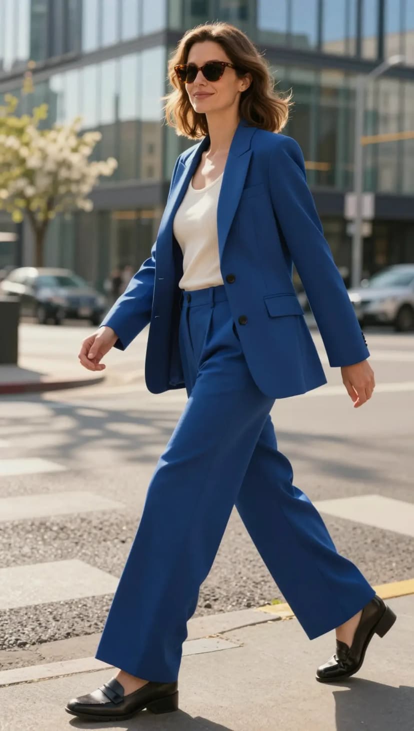 Royal Blue Wool Blazer + Royal Blue Wool Wide-Leg Trousers + Cream Ribbed Knit Tank Top + Black Leather Loafers