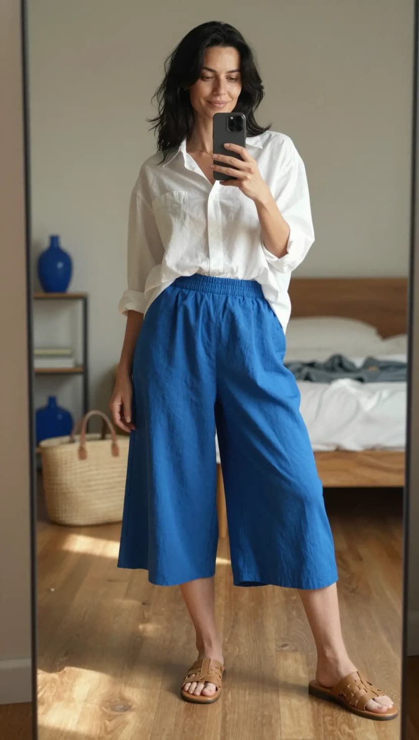 White Cotton Oversized Shirt + Royal Blue Linen Wide-Leg Cropped Pants + Tan Leather Slides