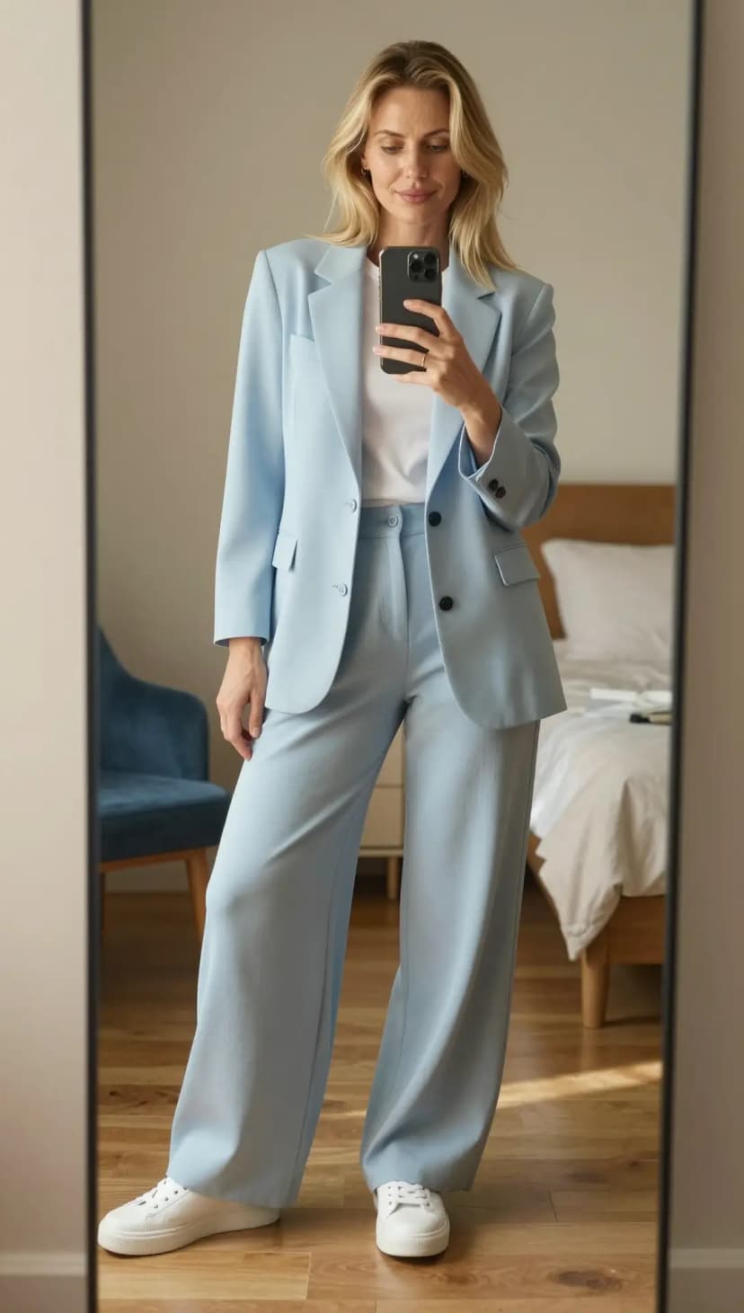 Light Blue Linen Blazer + Light Blue Linen Wide-Leg Trousers + White Crew Neck T-Shirt + White Leather Sneakers