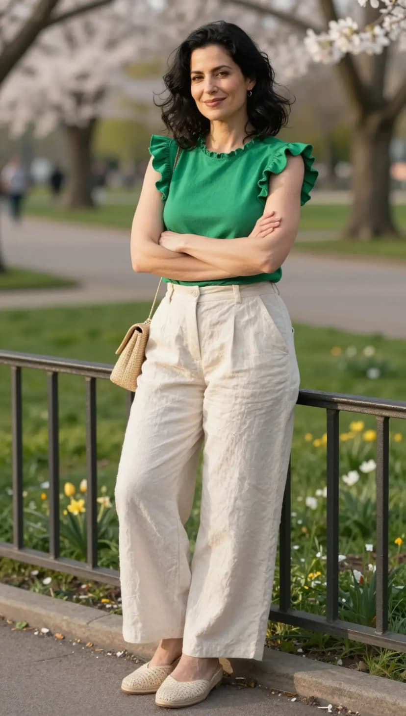 Green Cotton Ruffle Top + Beige Linen Wide-Leg Pants + Straw Woven Crossbody Bag