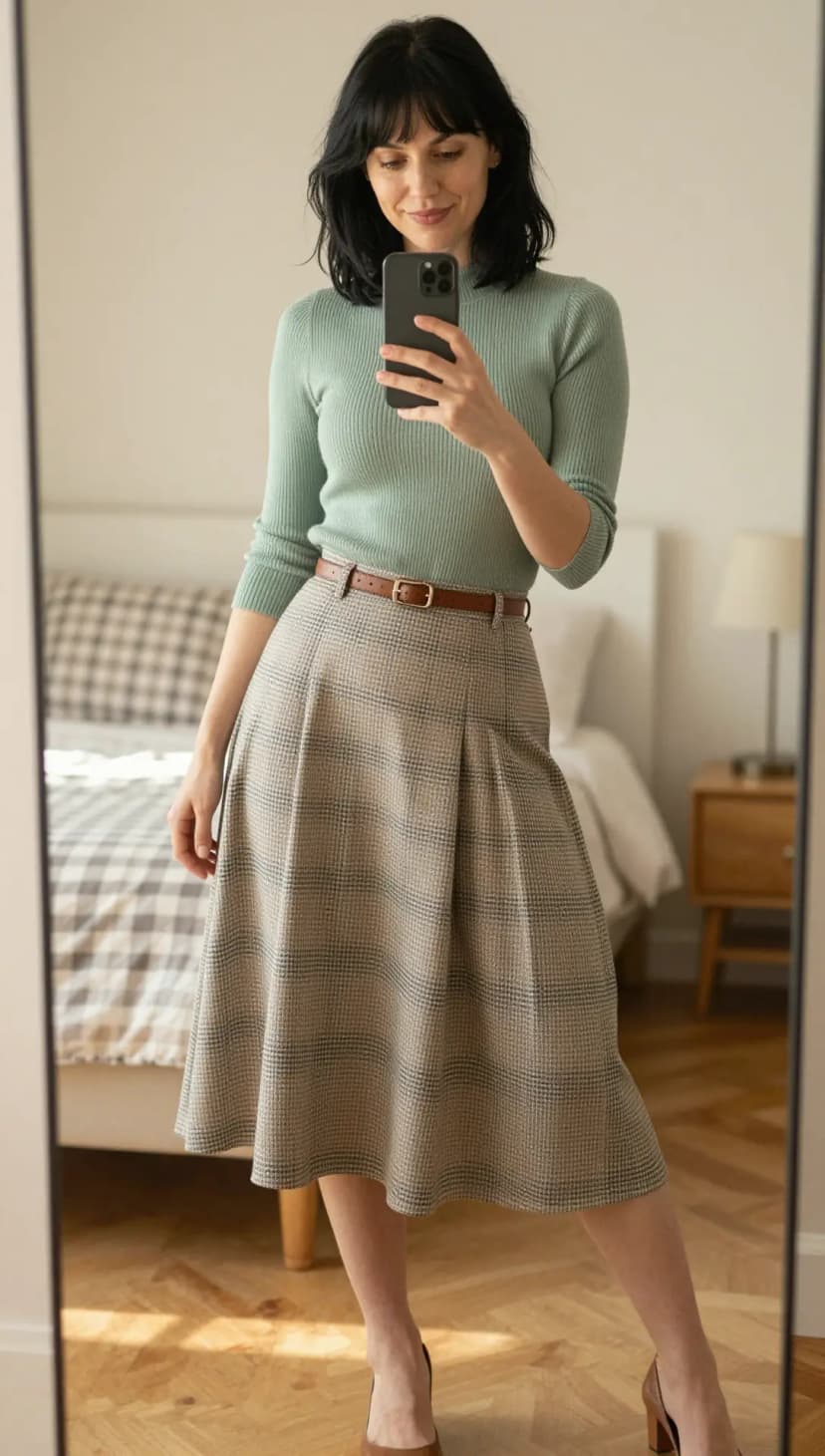 Mint Ribbed Mock Neck Top + Grey Plaid Pleated Midi Skirt + Brown Leather Belt
