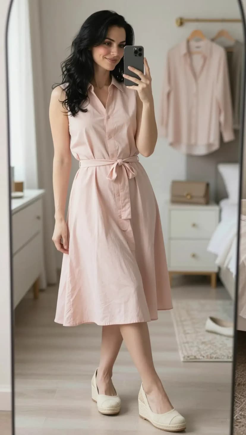 Light Pink Cotton Shirt Dress + Natural Espadrille Wedges