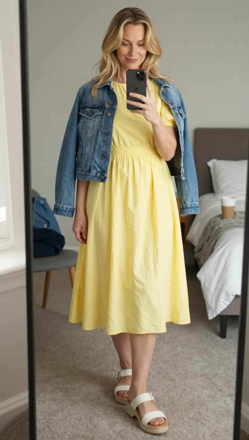 Yellow Cotton Midi Dress + Blue Denim Jacket + White Leather Platform Sandals