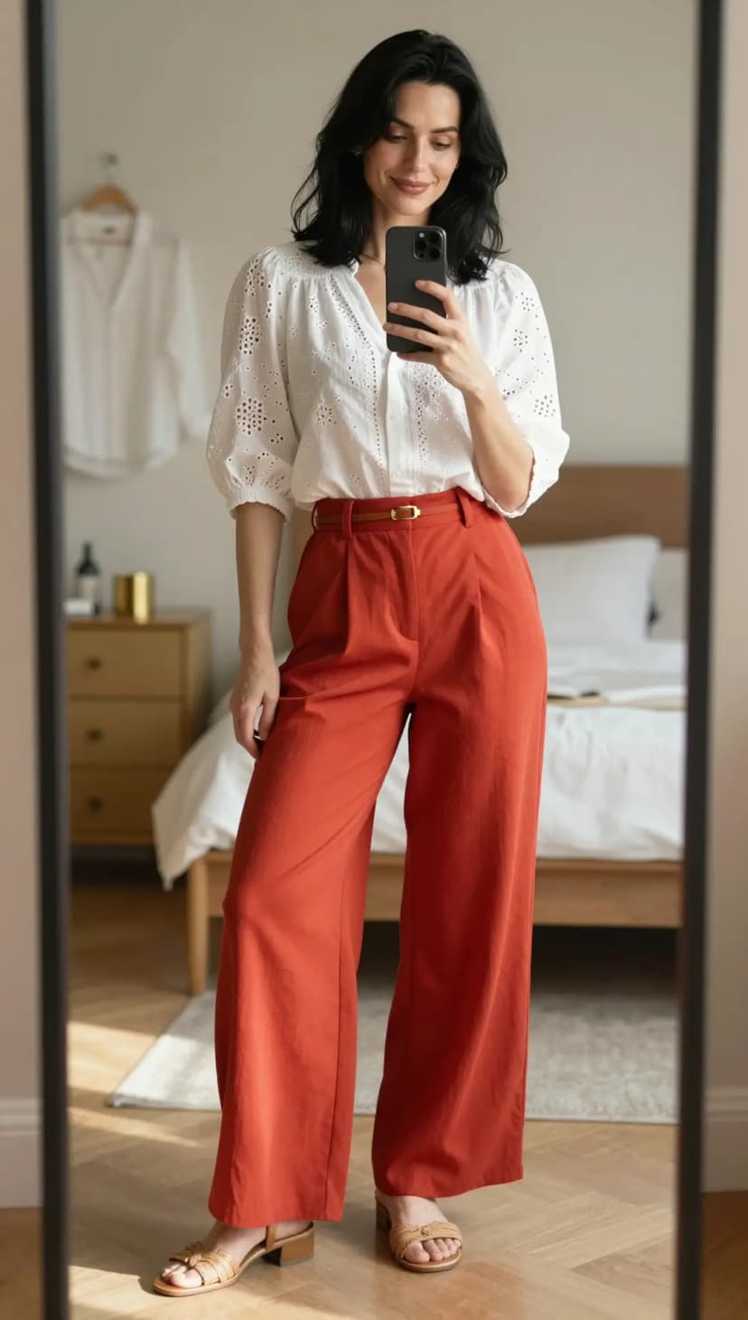 White Broderie Anglaise Puff Sleeve Blouse + Terracotta Linen Wide-Leg Trousers + Tan Woven Block Heel Sandals