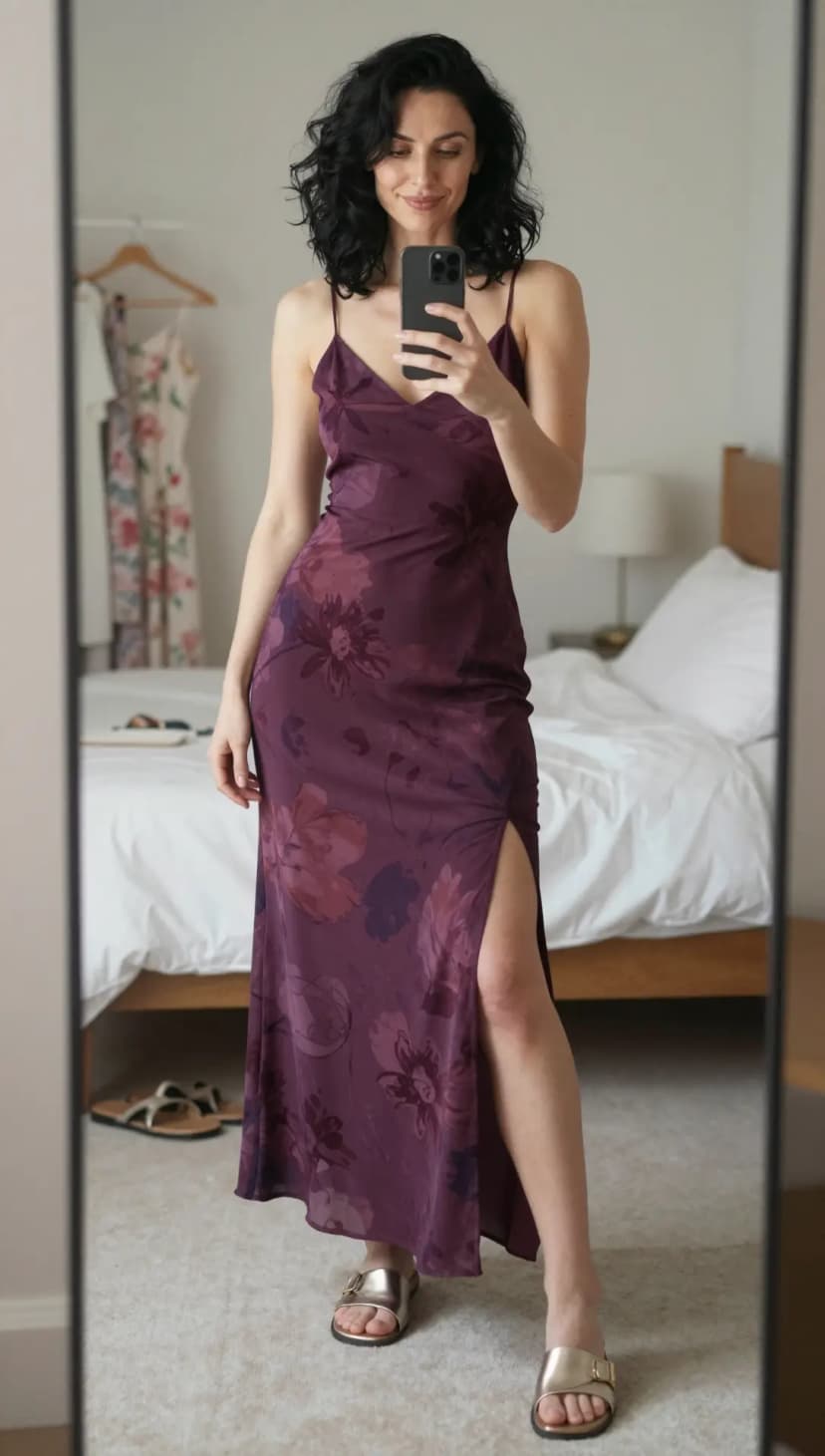 Plum Floral Chiffon Slip Dress + Metallic Gold Slide Sandals