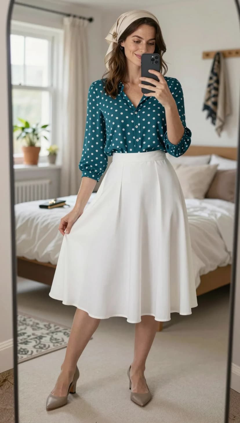 Teal Polka Dot Button-Down Blouse + White Linen Midi Skirt + Taupe Pointed-Toe Heels