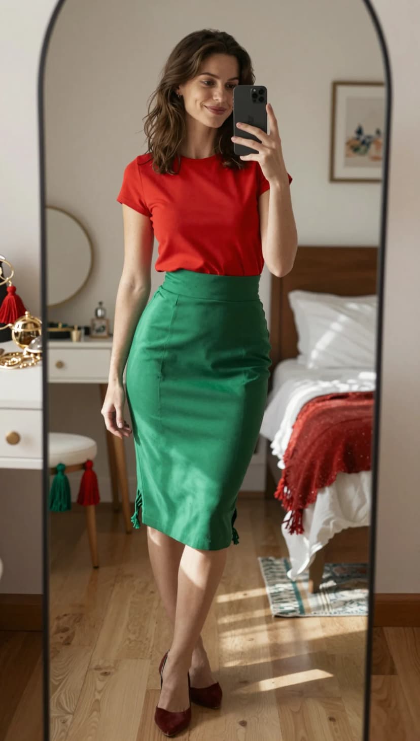 Red Cotton T-Shirt + Green Suede Pencil Skirt + Burgundy Suede Heels