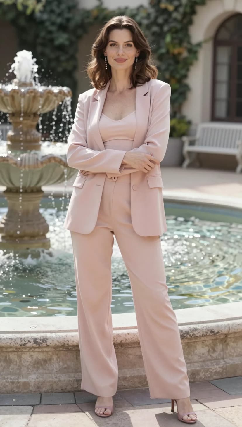 Blush Crepe Blazer + Blush Crepe Wide-Leg Trousers + Blush Crepe Tank Top + Blush Suede Heels