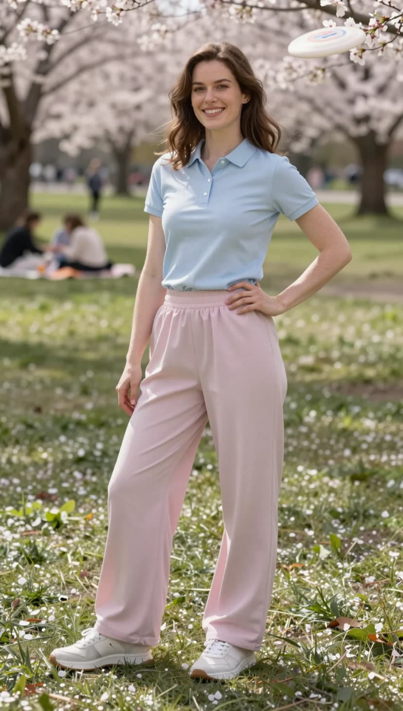 Light Blue Pique Knit Polo + Light Pink Wide-Leg Trousers + White Leather Sneakers