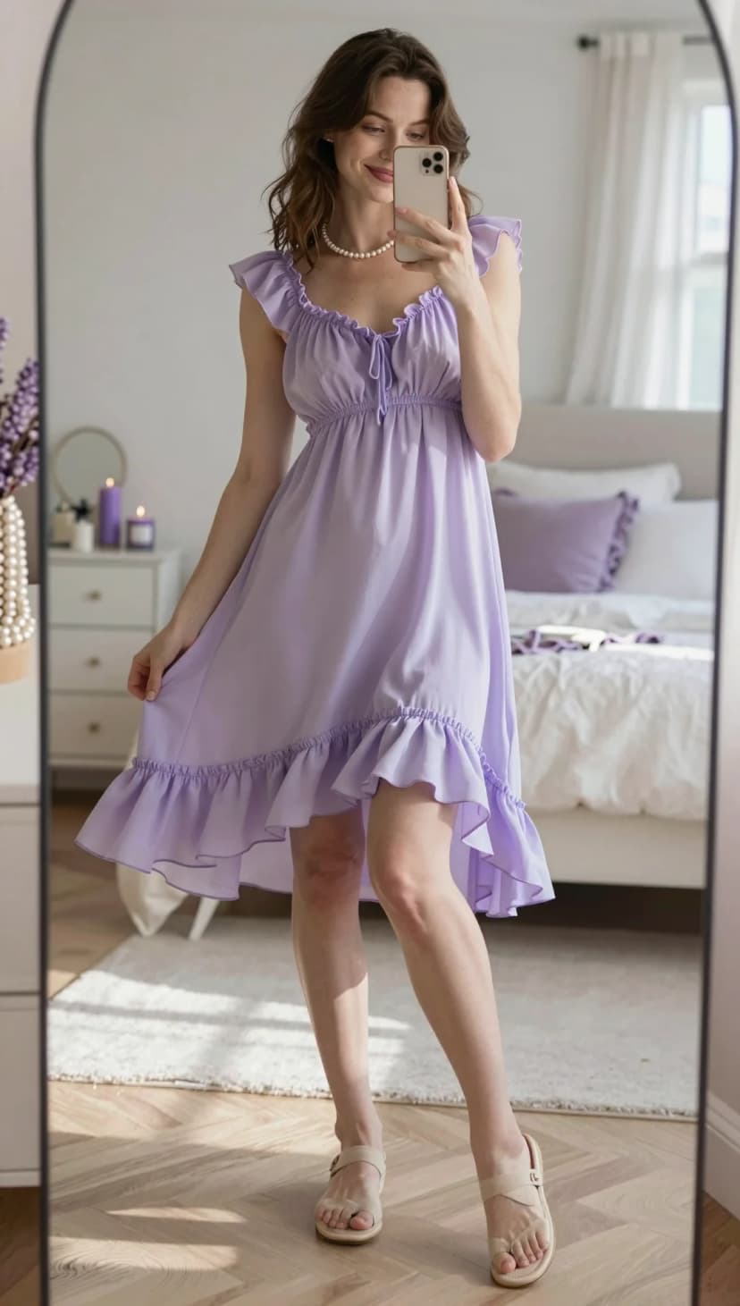 Lavender Ruffle Chiffon Dress + Beige Flat Sandals + Pearl Necklace