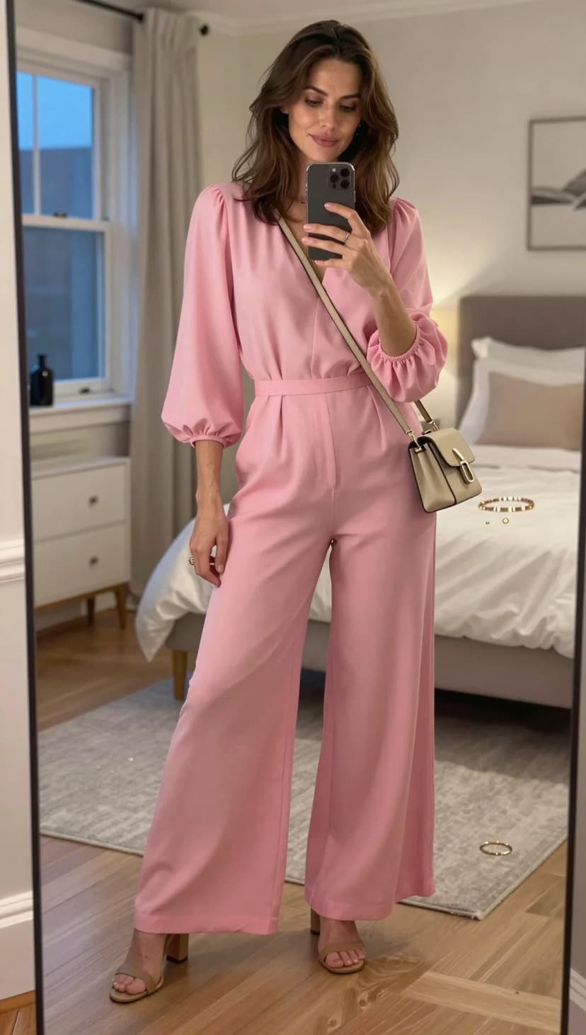 Pink Crepe Jumpsuit + Beige Leather Shoulder Bag + Nude Heeled Sandals