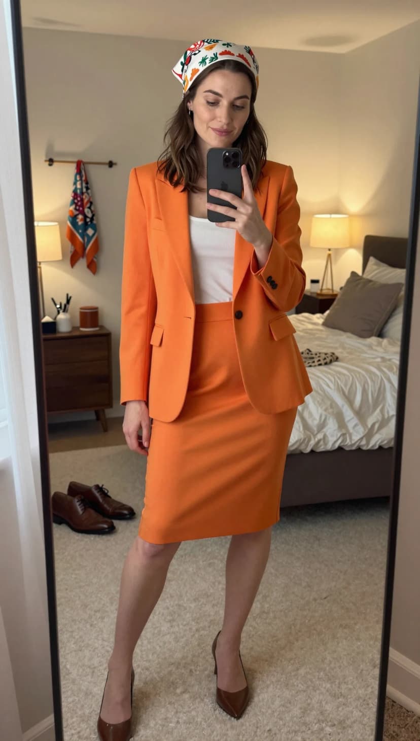 Orange Blazer + Orange Pencil Skirt + White Tank Top + Colorful Scarf
